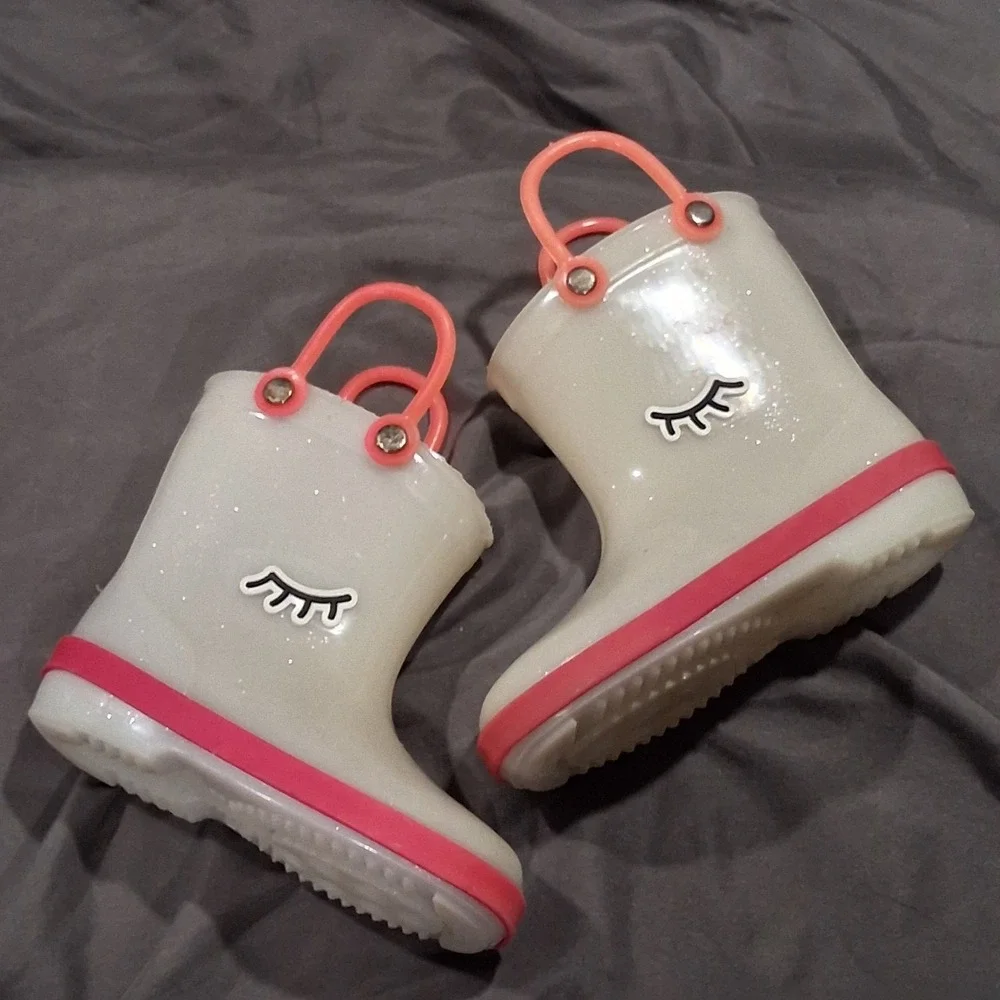 Girls Clear Glitter Rain Boots Pink Trim Eyelash Graphic‎ MEX 14 Toddler 7-8